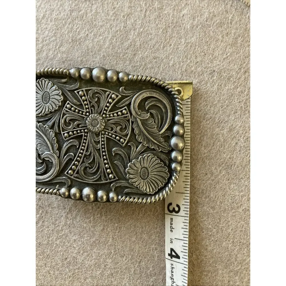 Montana Silversmiths Engraved Cross Belt‎ Buckle Silver Floral Western